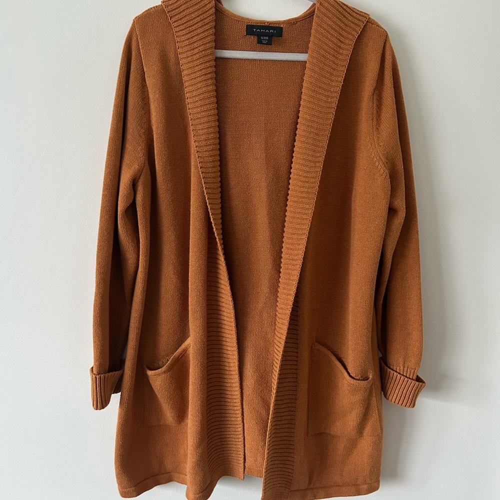 Tahari Cardigan Camel Open-Front with Pockets